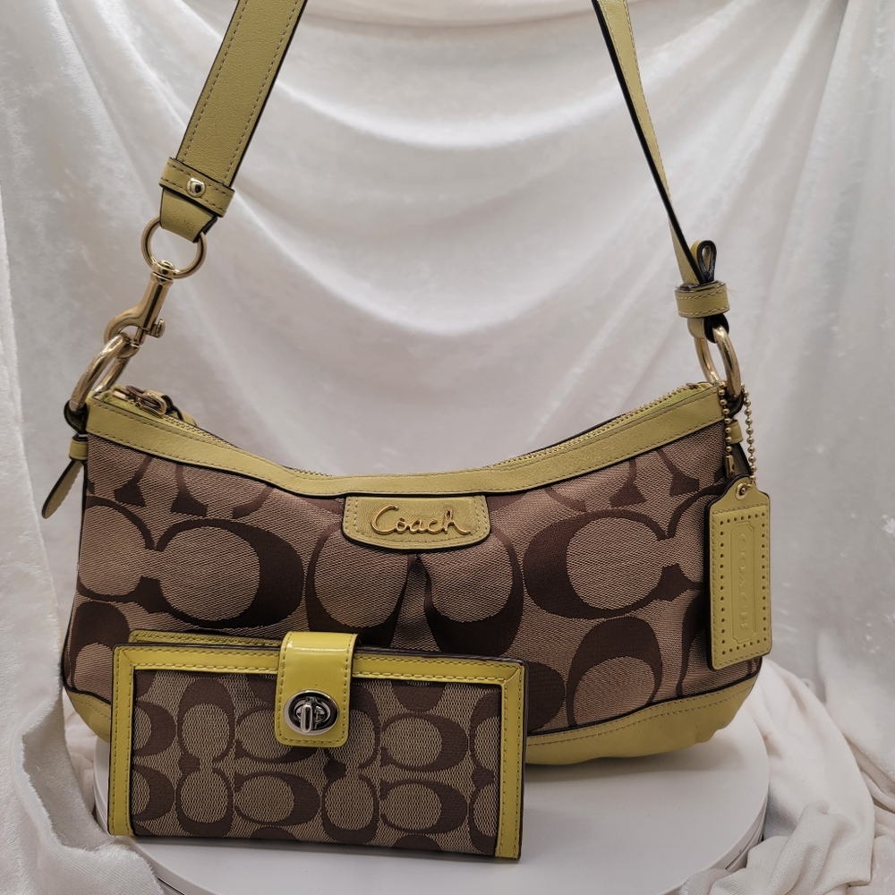 COACH Khaki RARE Green Park Signature Duffle Bag W Wallet Purse F19731